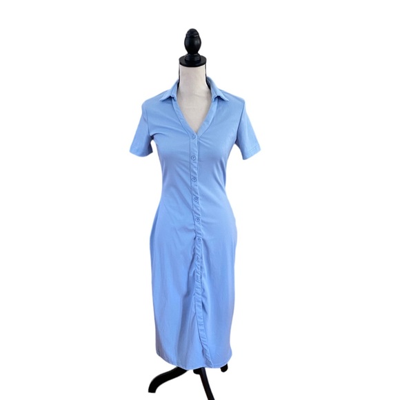 Short Sleeve Button Up Midi Shift Dress - Picture 2 of 3